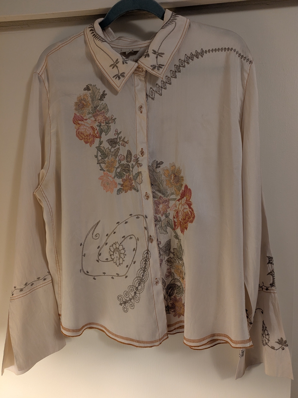 Embroidered Cream Floral Button-Down Blouse